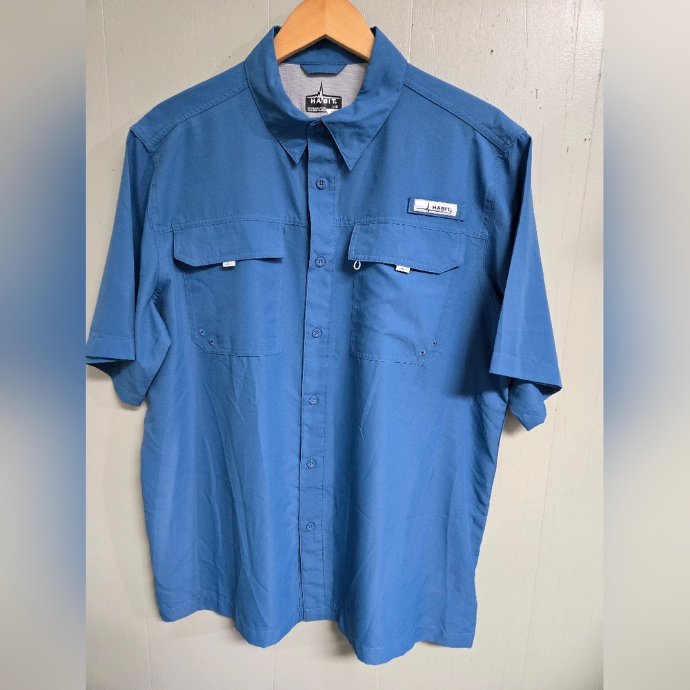 Habit Men's Casual Blue Button Down Shirt Fishing UPF 40+ Vented Sz L